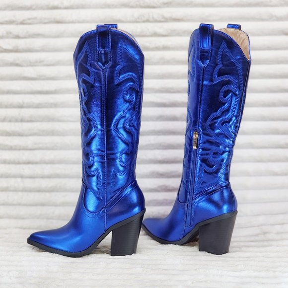 Metallic Western Knee High Cowgirl Cowboy Boots - Royal Blue Cobalt Blue - Picture 5 of 16
